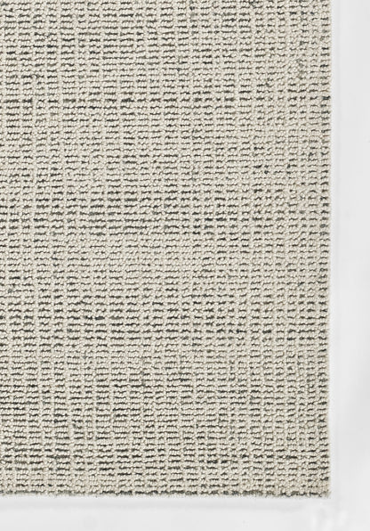 Beige textured woven rug close-up with tight loop fibers and white border.