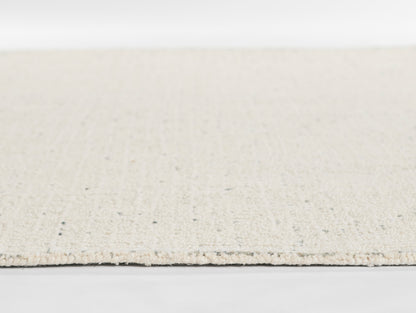 Beige flat-weave rug with natural fibers and subtle speckle, rectangular neutral living-room floor covering.