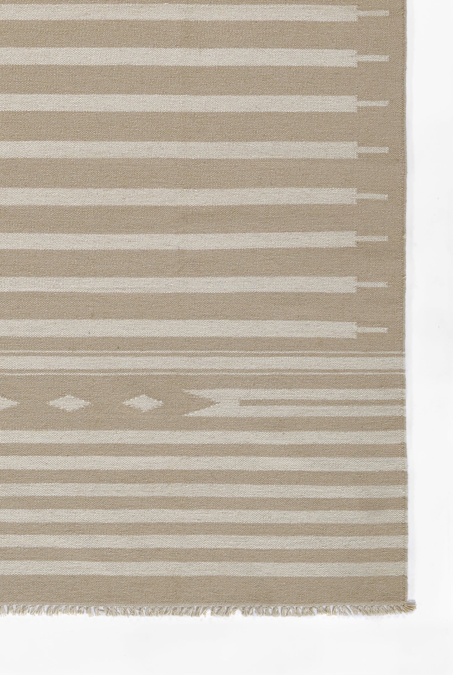 Beige woven rug with cream horizontal stripes and a subtle geometric motif; fringe along the bottom edge.