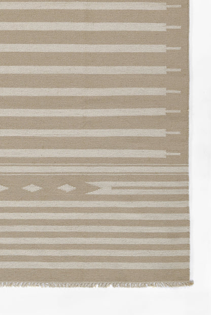 Beige woven rug with cream horizontal stripes and a subtle geometric motif; fringe along the bottom edge.