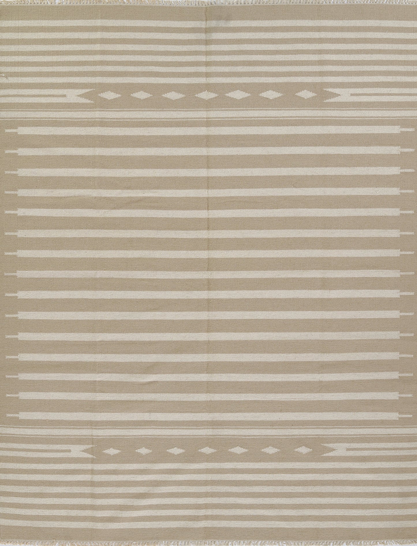 Beige woven rug with white horizontal stripes, subtle diamond motifs near top and bottom, fringed edges.