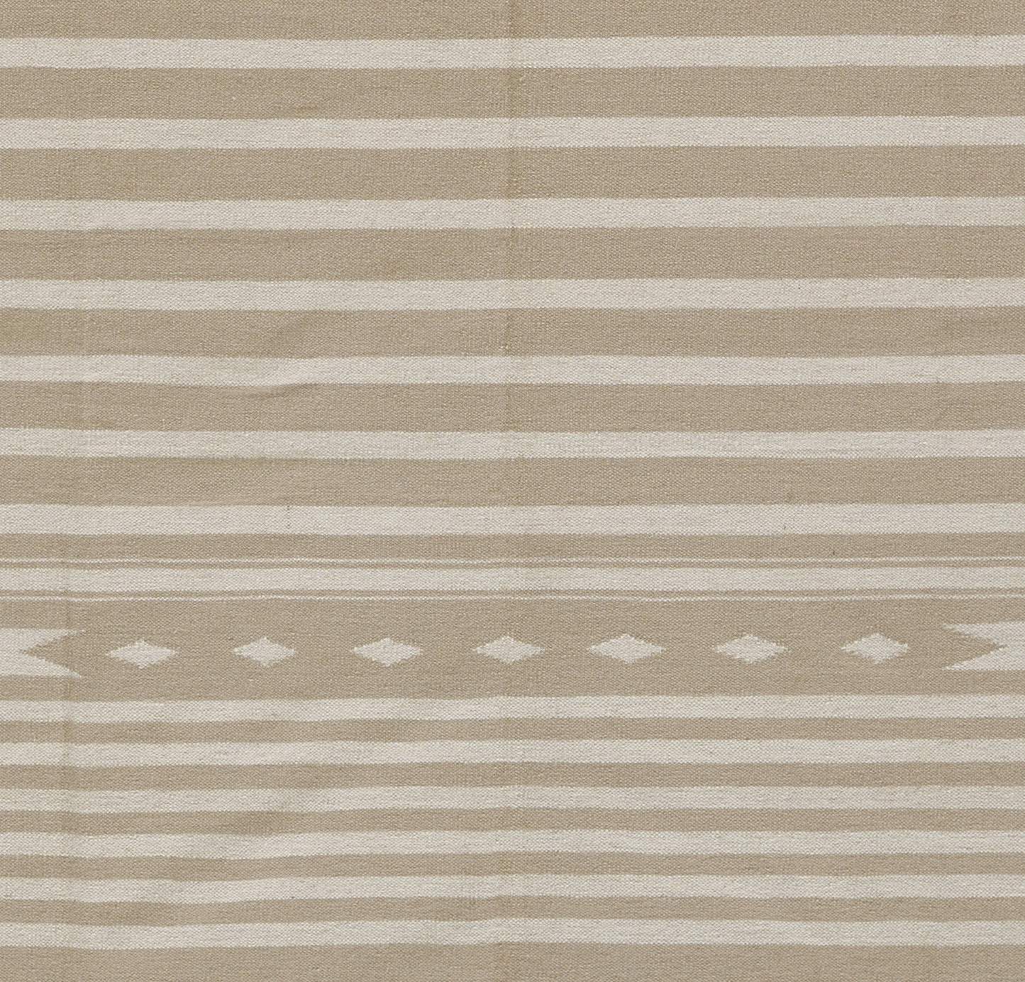 Beige and ivory striped woven rug with a central diamond-pattern band; neutral decor rug.