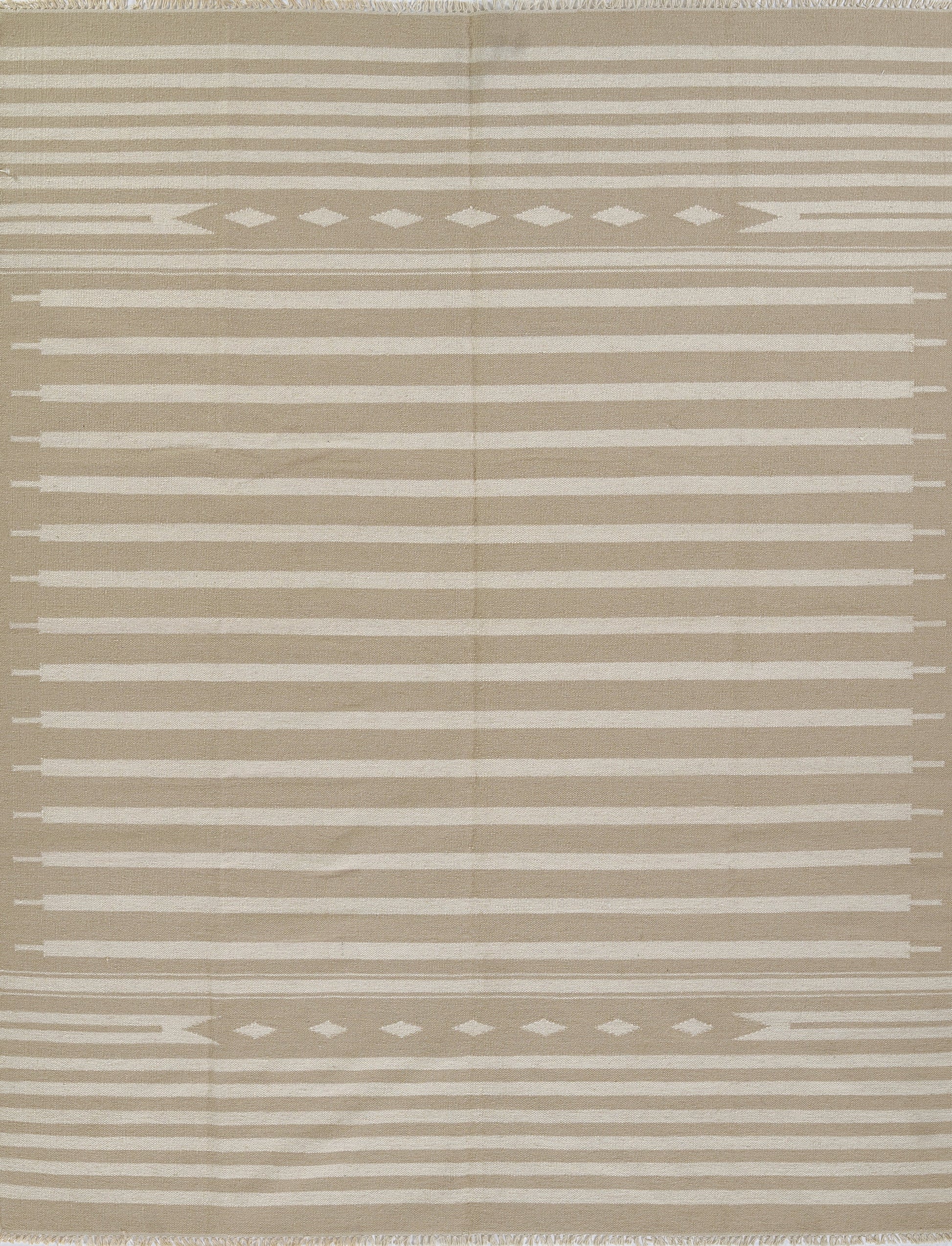 Beige woven rug with cream horizontal stripes and diamond accents at top and bottom, fringed edges.