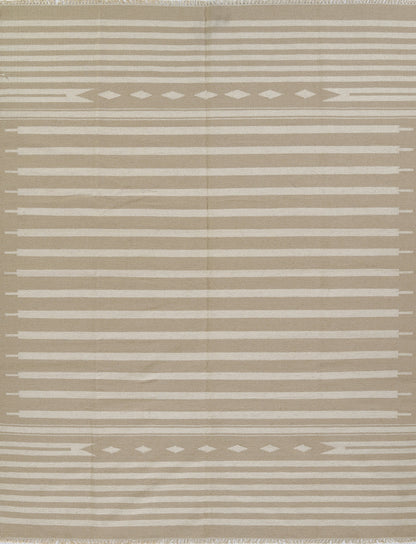 Beige woven rug with cream horizontal stripes and diamond accents at top and bottom, fringed edges.