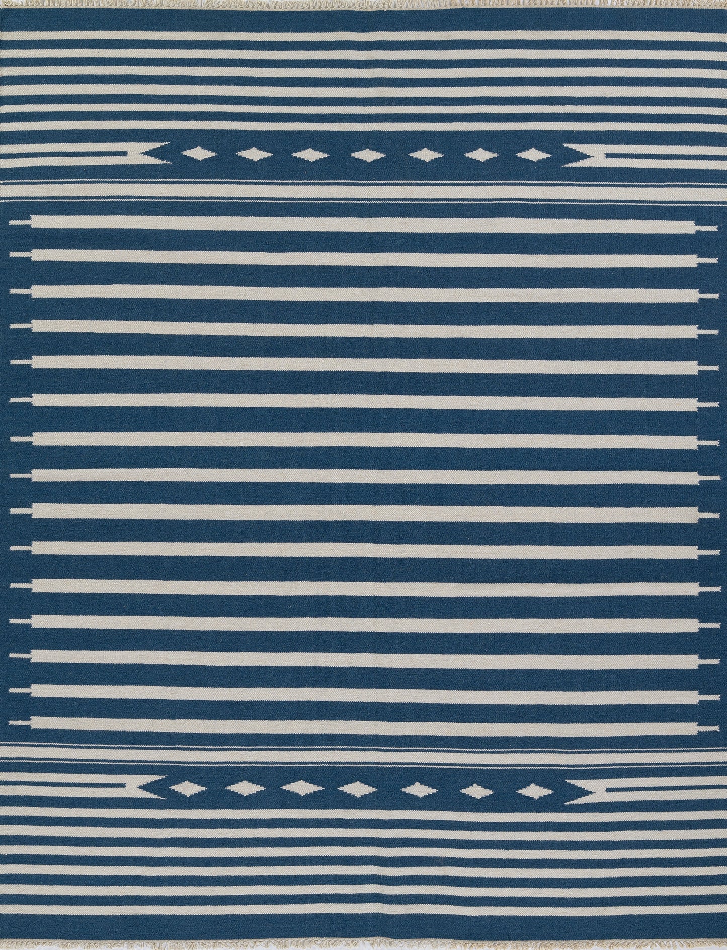 Blue and white striped rug with fringe edges and diamond border bands, coastal geometric pattern.