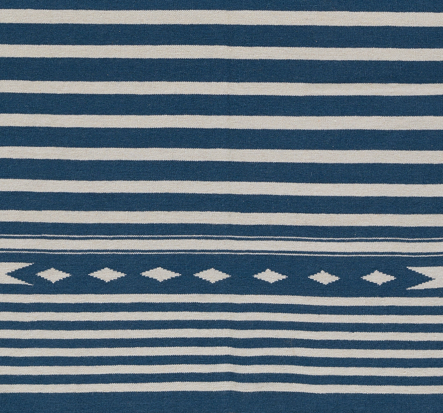 Blue and white striped rug with a central diamond-pattern band in a nautical style, 2' x 3'.