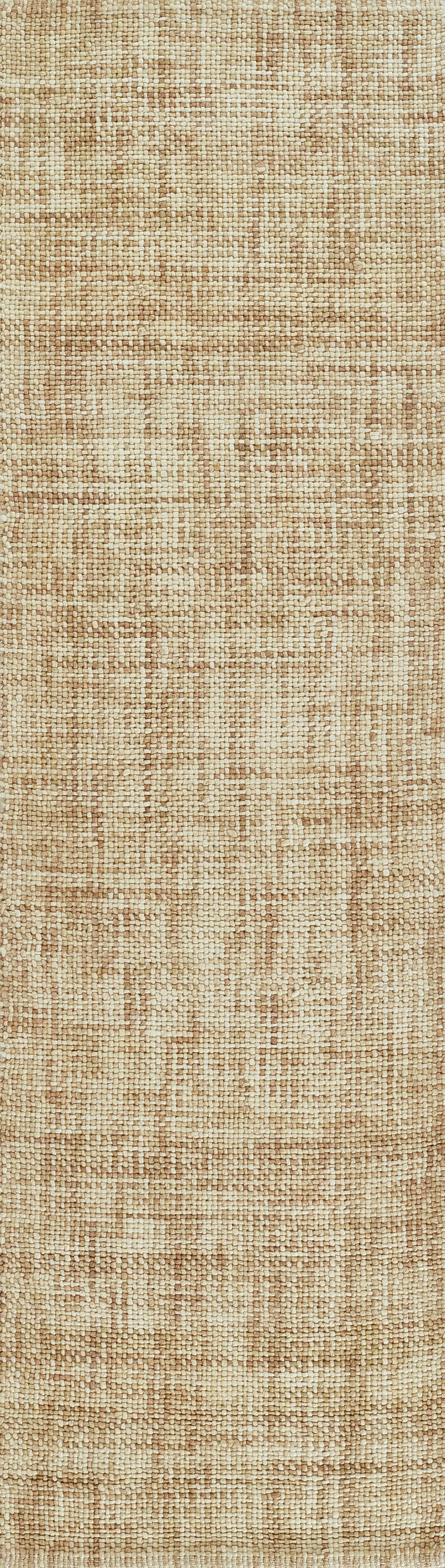 Natural beige woven rug with subtle distressed pattern; textured fibers, long rectangular runner for living spaces.