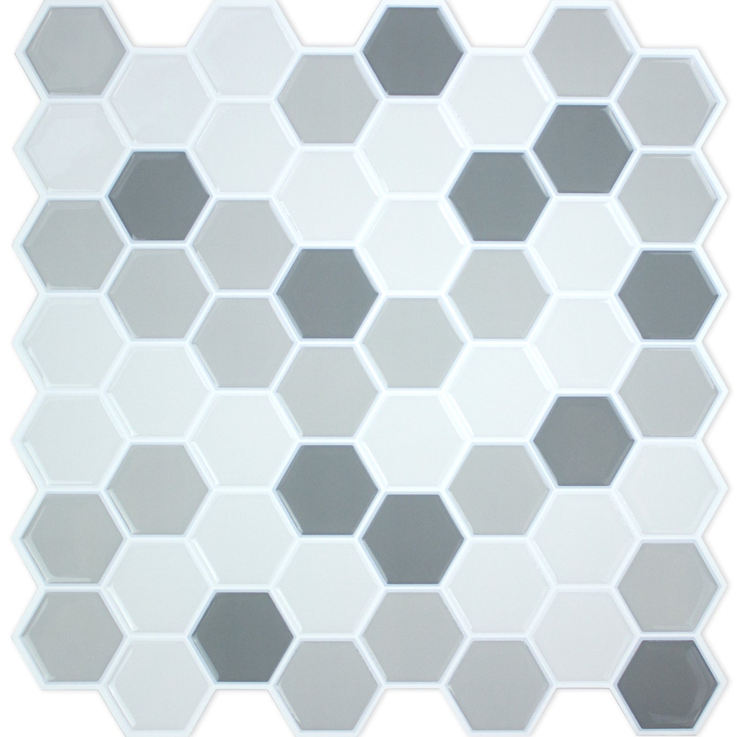 Hexagonal grayscale tile-pattern wallpaper; ceramic-look, peel-and-stick backsplash in white to gray tones.