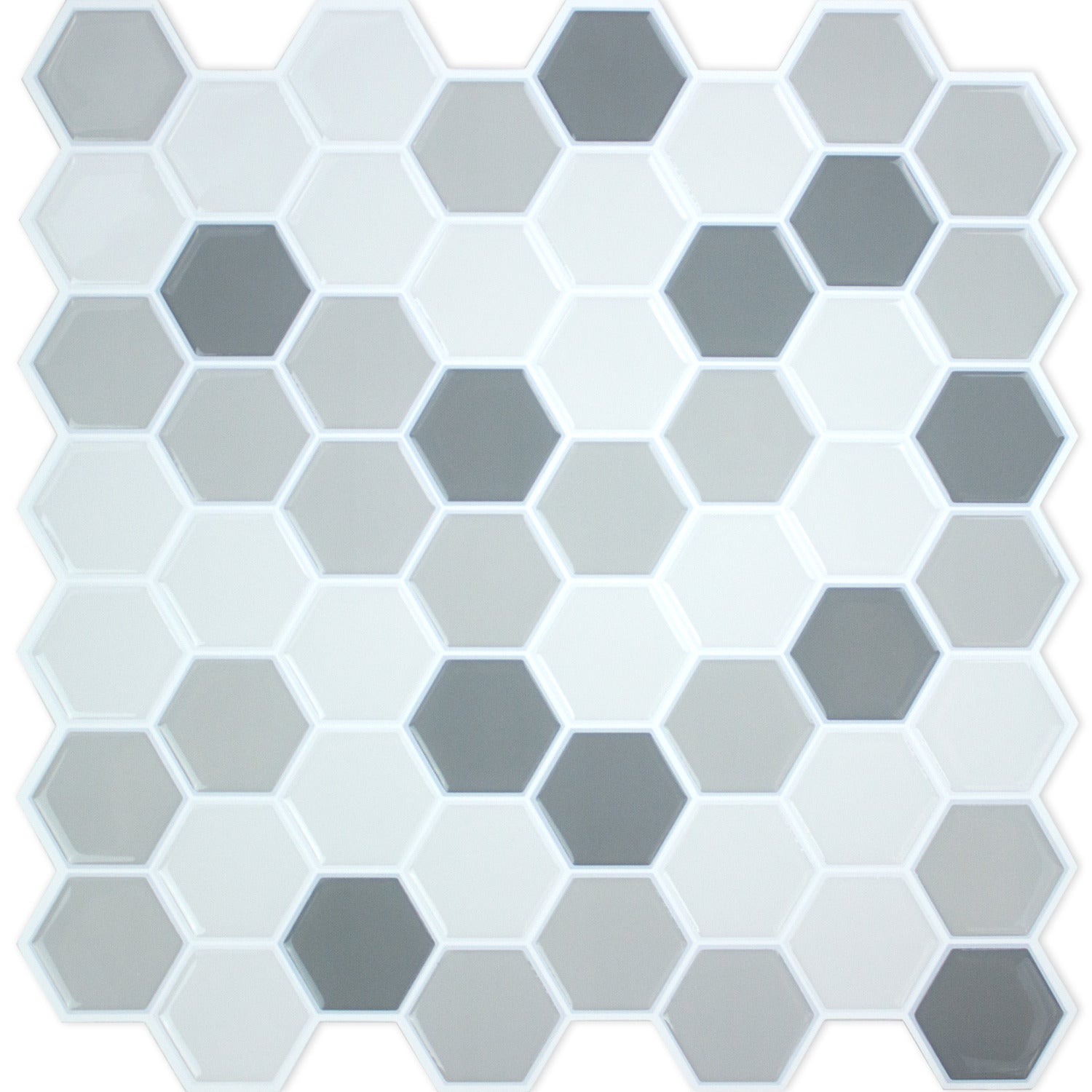 Hexagonal grayscale tile-pattern wallpaper; ceramic-look, peel-and-stick backsplash in white to gray tones.
