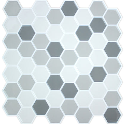 Hexagonal grayscale tile-pattern wallpaper; ceramic-look, peel-and-stick backsplash in white to gray tones.