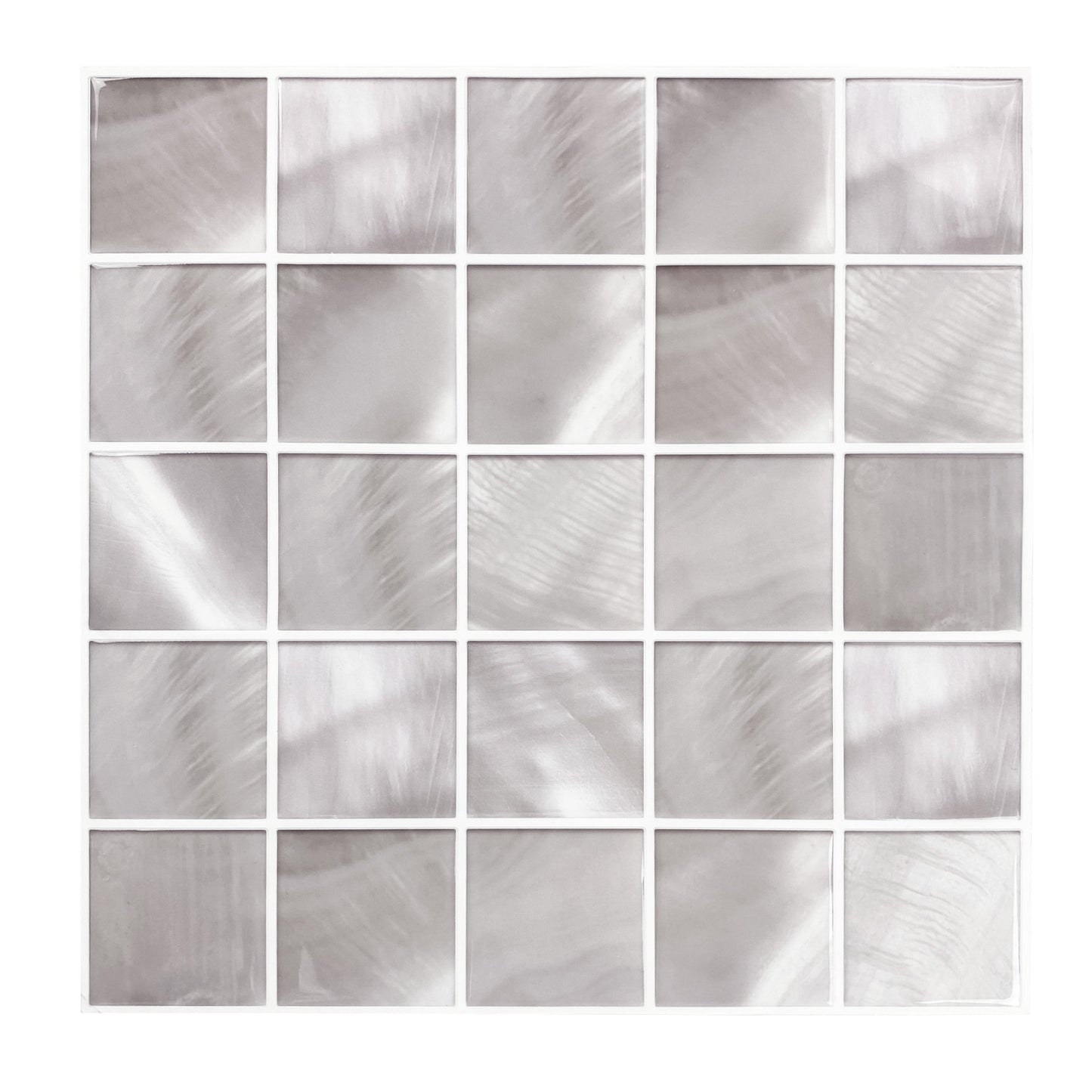 Pearl gray wallpaper with a square mosaic pattern reminiscent of small glass tiles and an iridescent brushed finish.