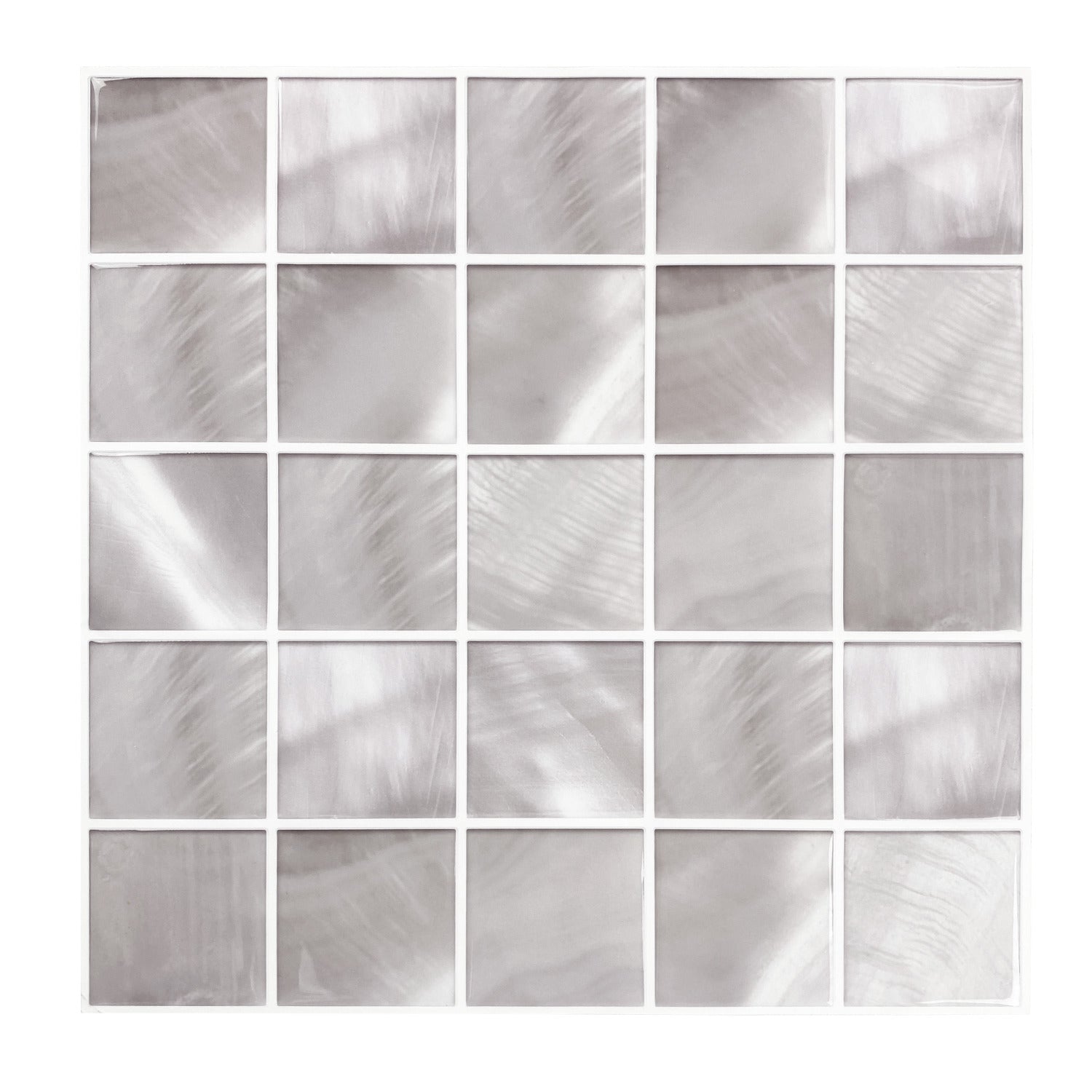 Pearl gray wallpaper with a square mosaic pattern reminiscent of small glass tiles and an iridescent brushed finish.