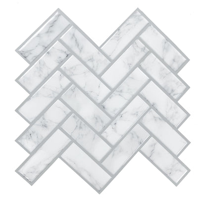 White marble herringbone wallpaper pattern with gray veining; peel-and-stick wallpaper for walls.