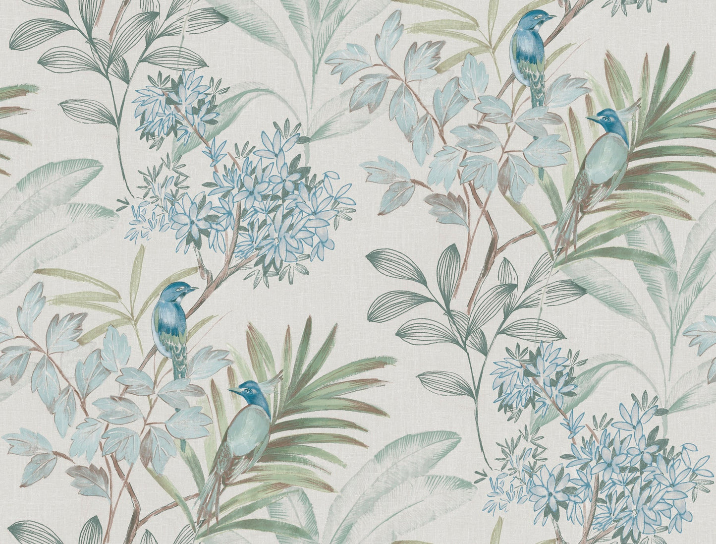 Watercolor tropical wallpaper with blue birds perched among green leaves and pale blue flowers on a cream background.