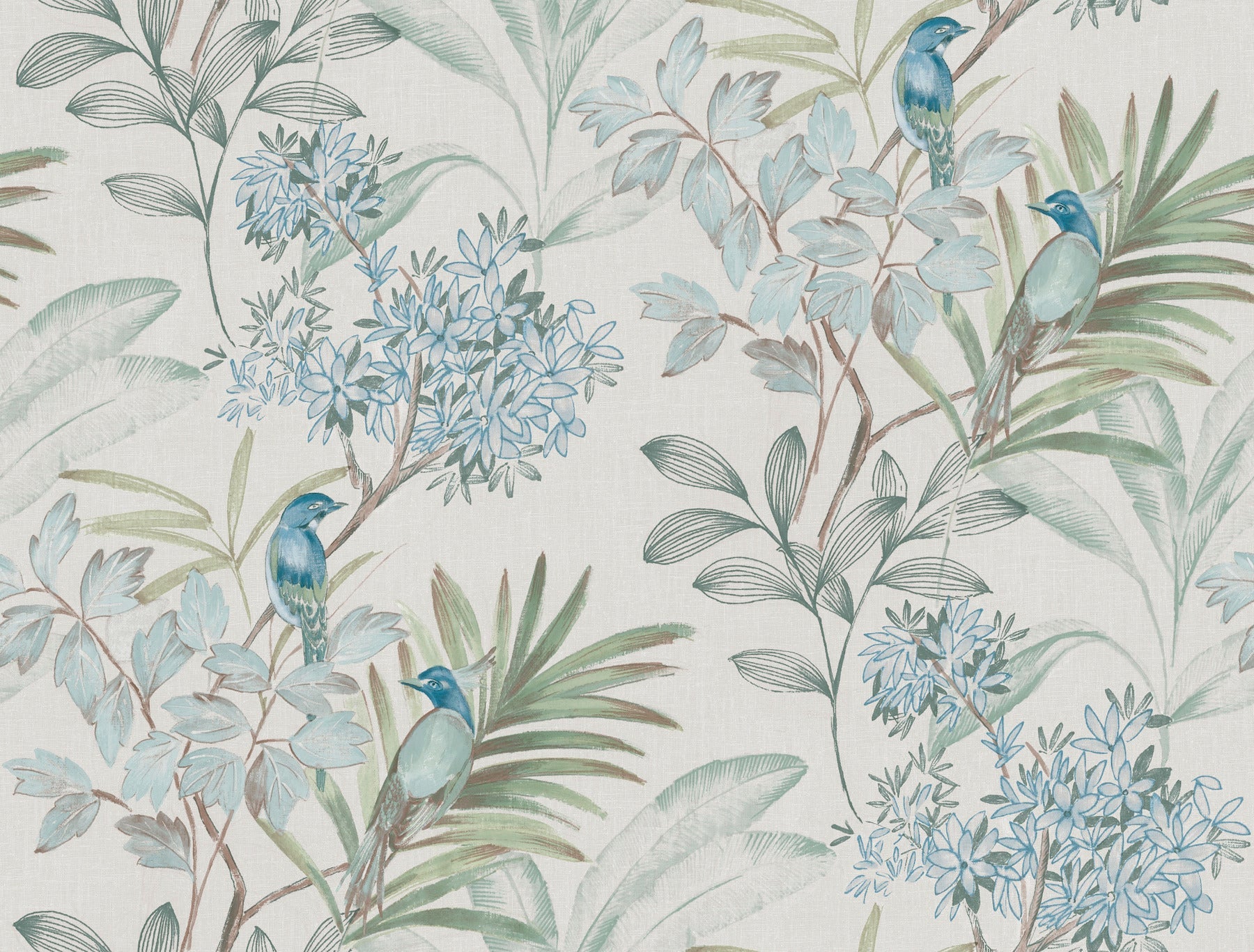 Watercolor tropical wallpaper with blue birds perched among green leaves and pale blue flowers on a cream background.