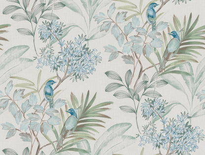 Watercolor tropical wallpaper with blue birds perched among green leaves and pale blue flowers on a cream background.