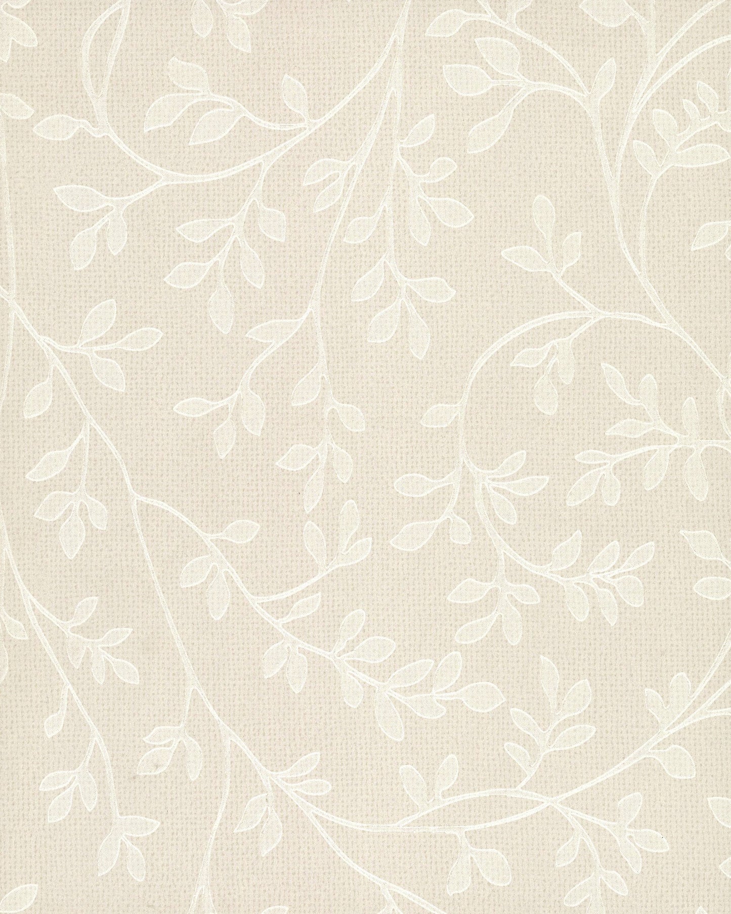 Beige wallpaper with white delicate botanical vine pattern and subtle linen texture.