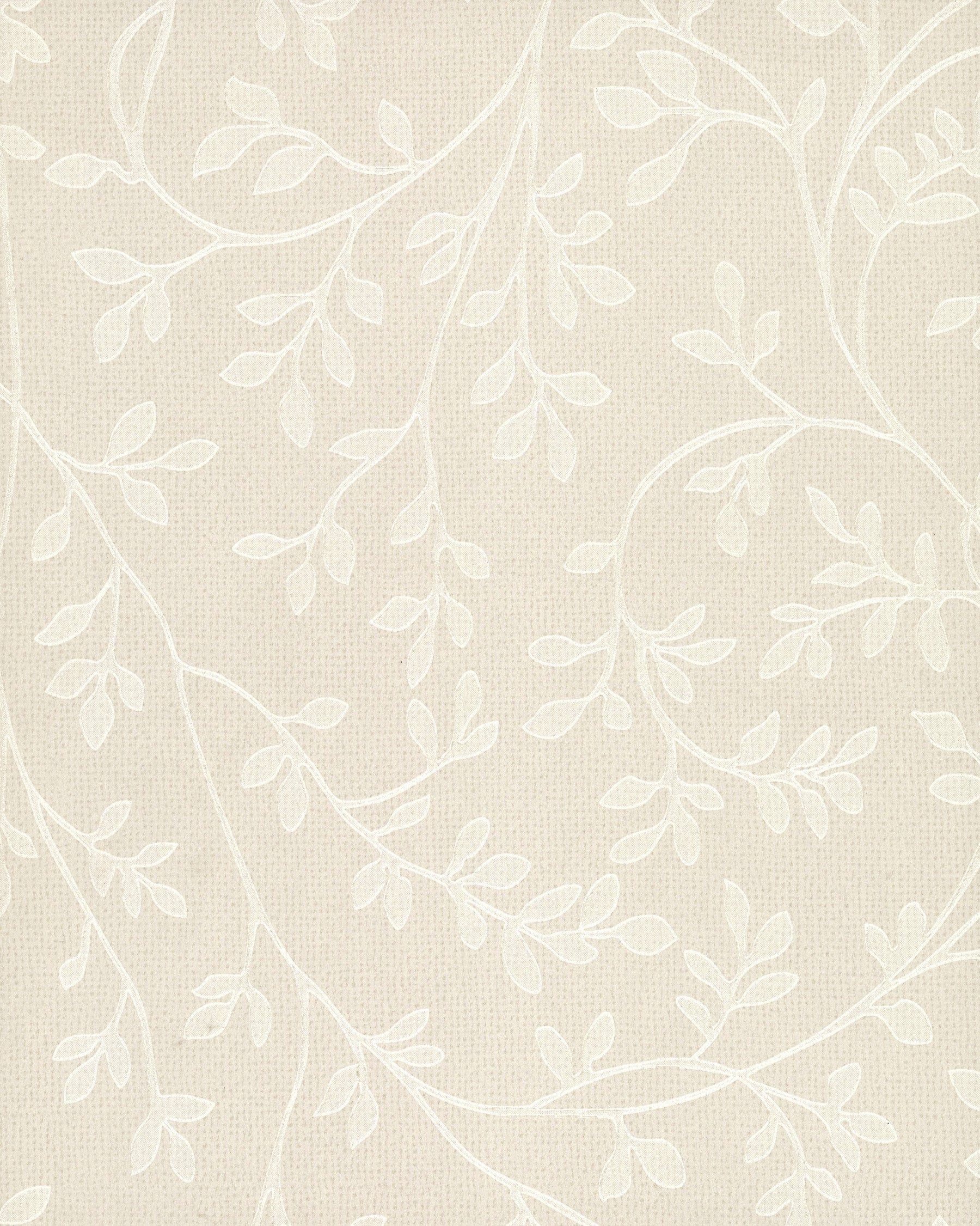 Beige wallpaper with white delicate botanical vine pattern and subtle linen texture.