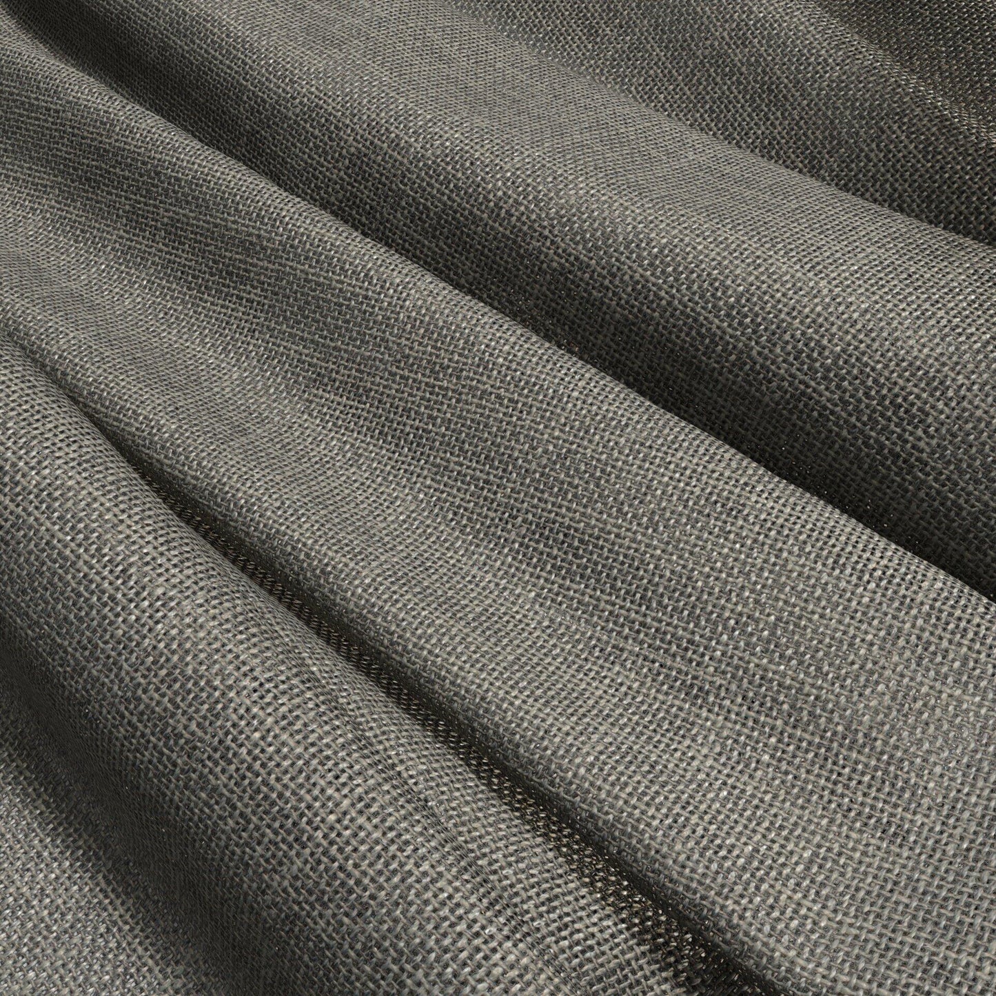 Gray textured woven fabric with soft folds; medium-weight material suitable for upholstery or apparel.