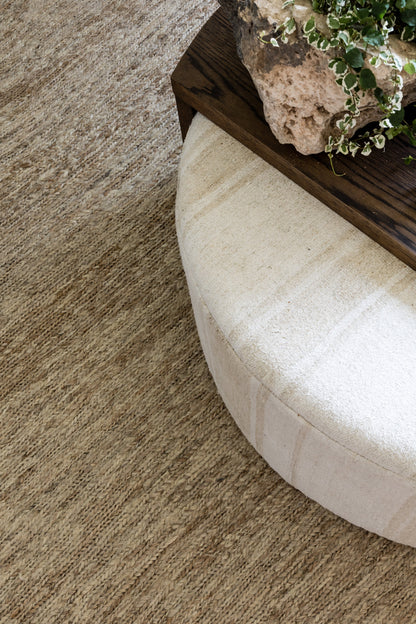 Beige textured Soumak rug, 10' x 14', with a subtle pattern and greenery on its surface.