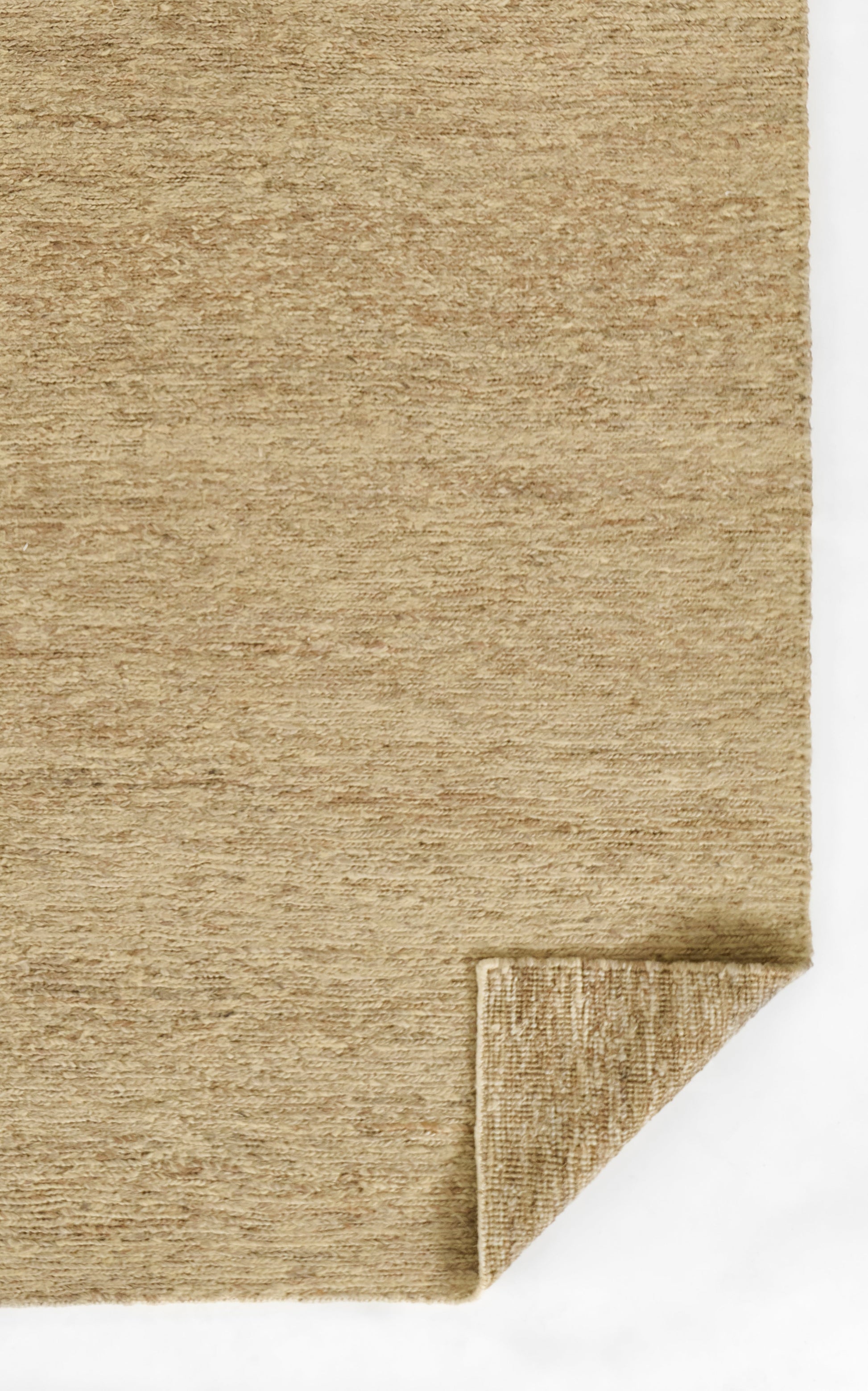 Natural beige textured fiber runner rug with woven strands and folded corner.