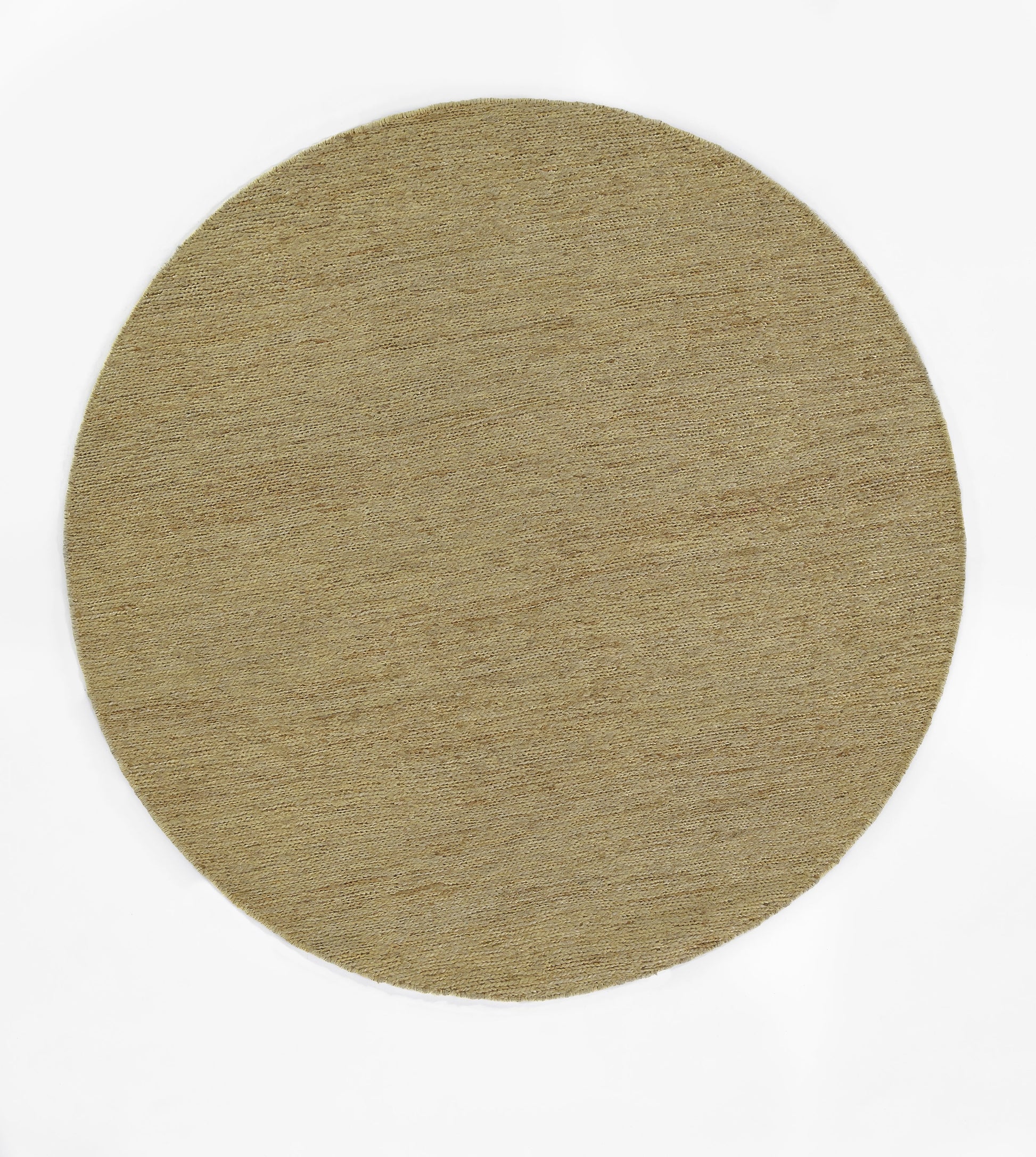 Round natural jute rug with beige woven texture, Soumak weave, 10' x 14'.