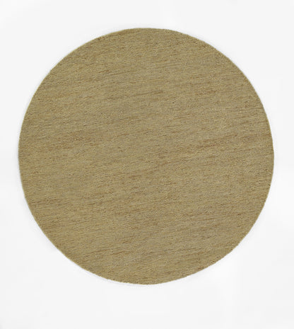 Round natural fiber rug with beige woven texture.