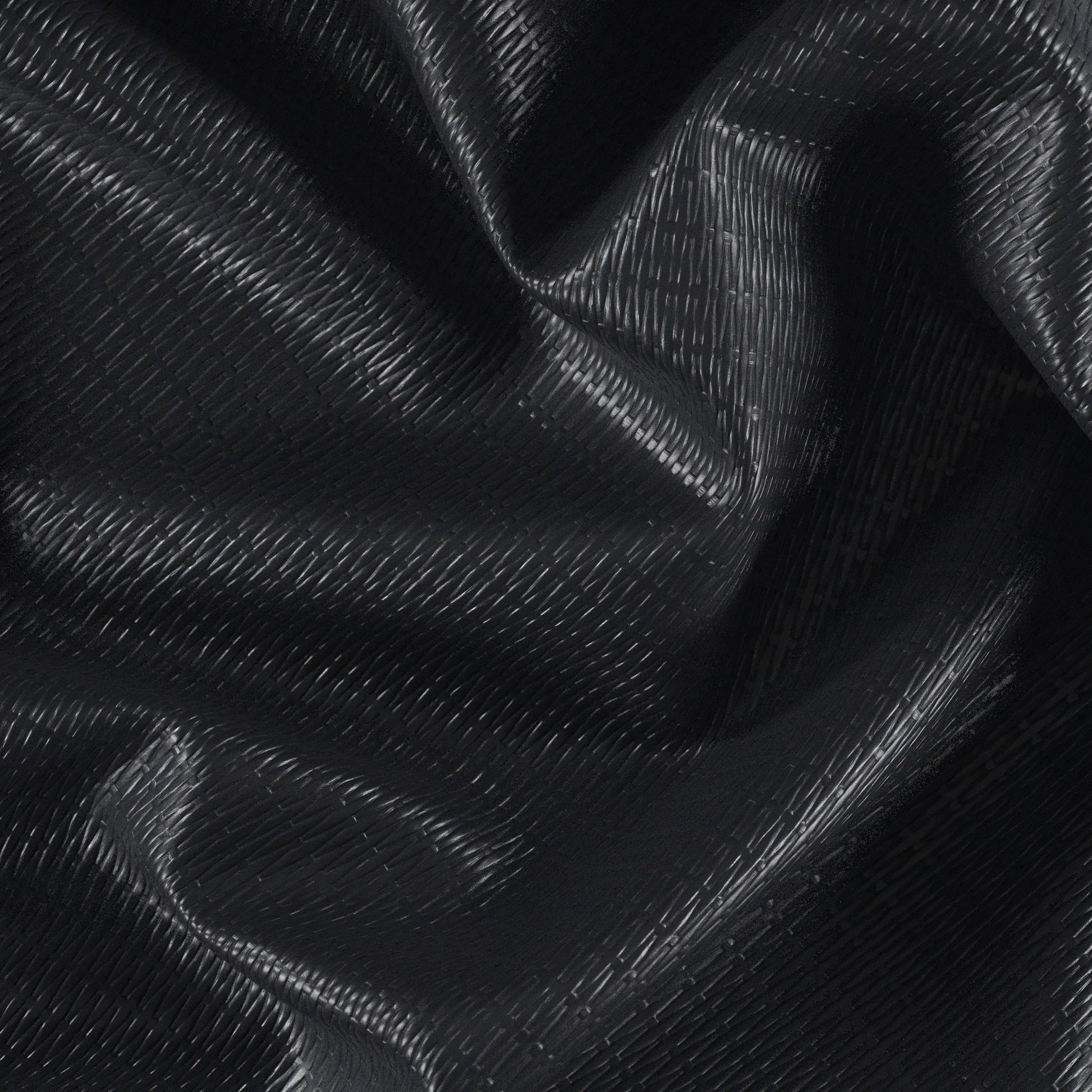 Black basketweave vinyl vegan leather fabric with a woven texture and subtle glossy finish.