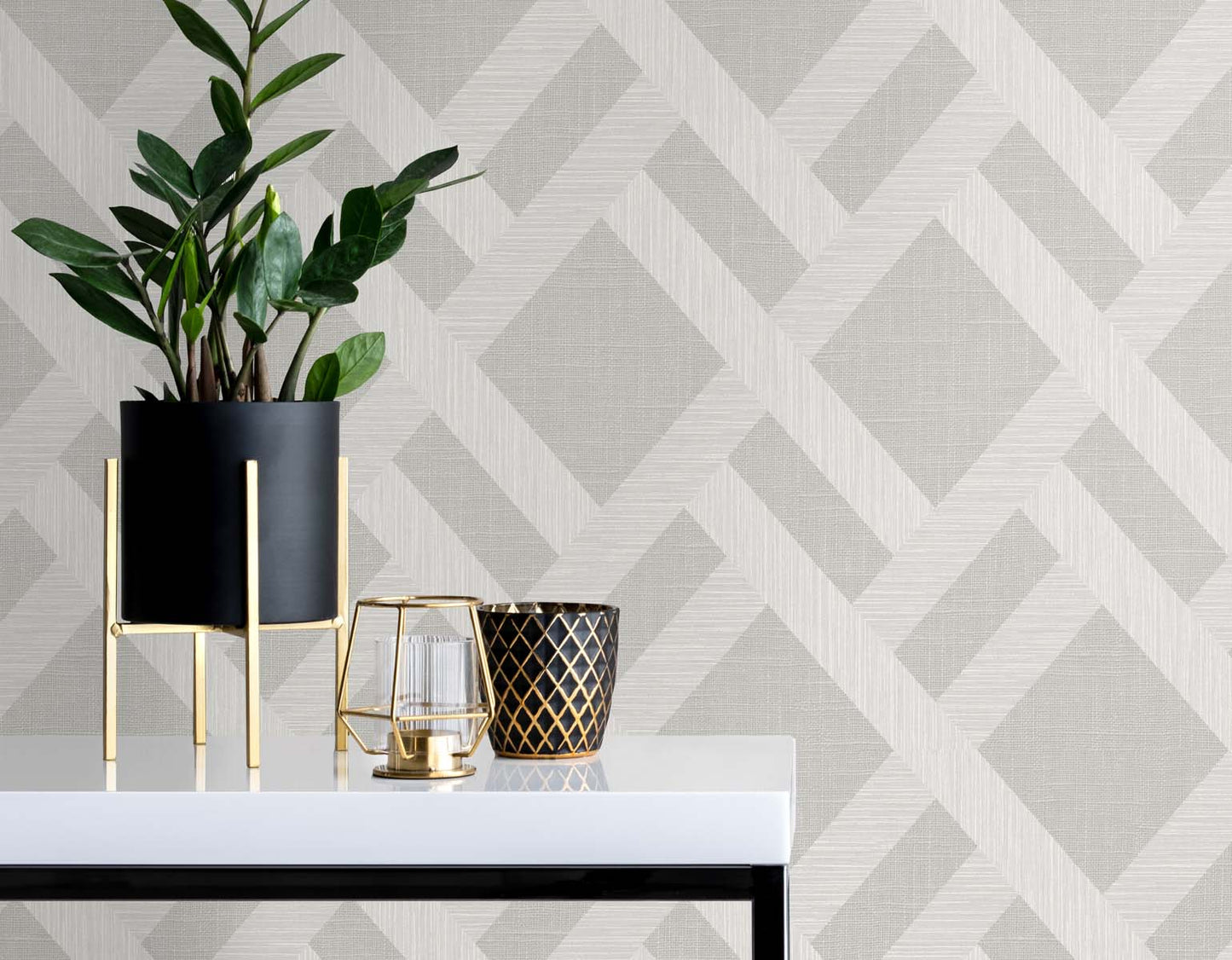 Grey linen-satin trellis fabric with a subtle woven texture; close-up of the trellis pattern.