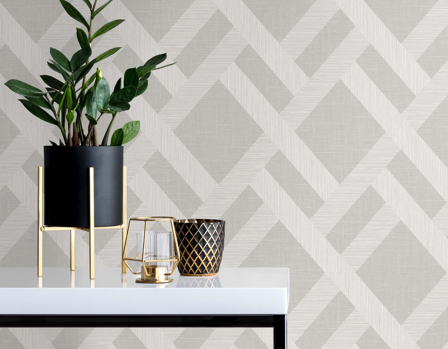 Grey linen-satin trellis fabric with a subtle woven texture; close-up of the trellis pattern.