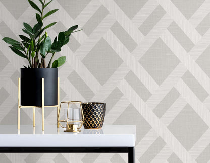 Grey linen-satin trellis fabric with a subtle woven texture; close-up of the trellis pattern.