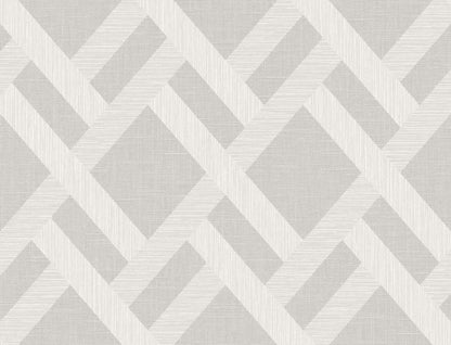 Light gray & white geometric lattice wallpaper pattern with interlocking diamonds & bands.