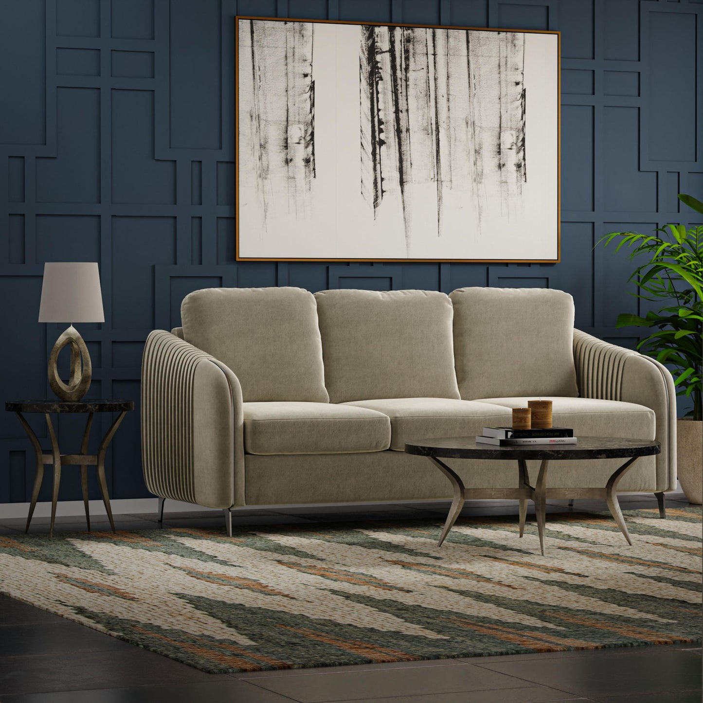Rectangular rug with a rustic lodge design, 5' x 8'.