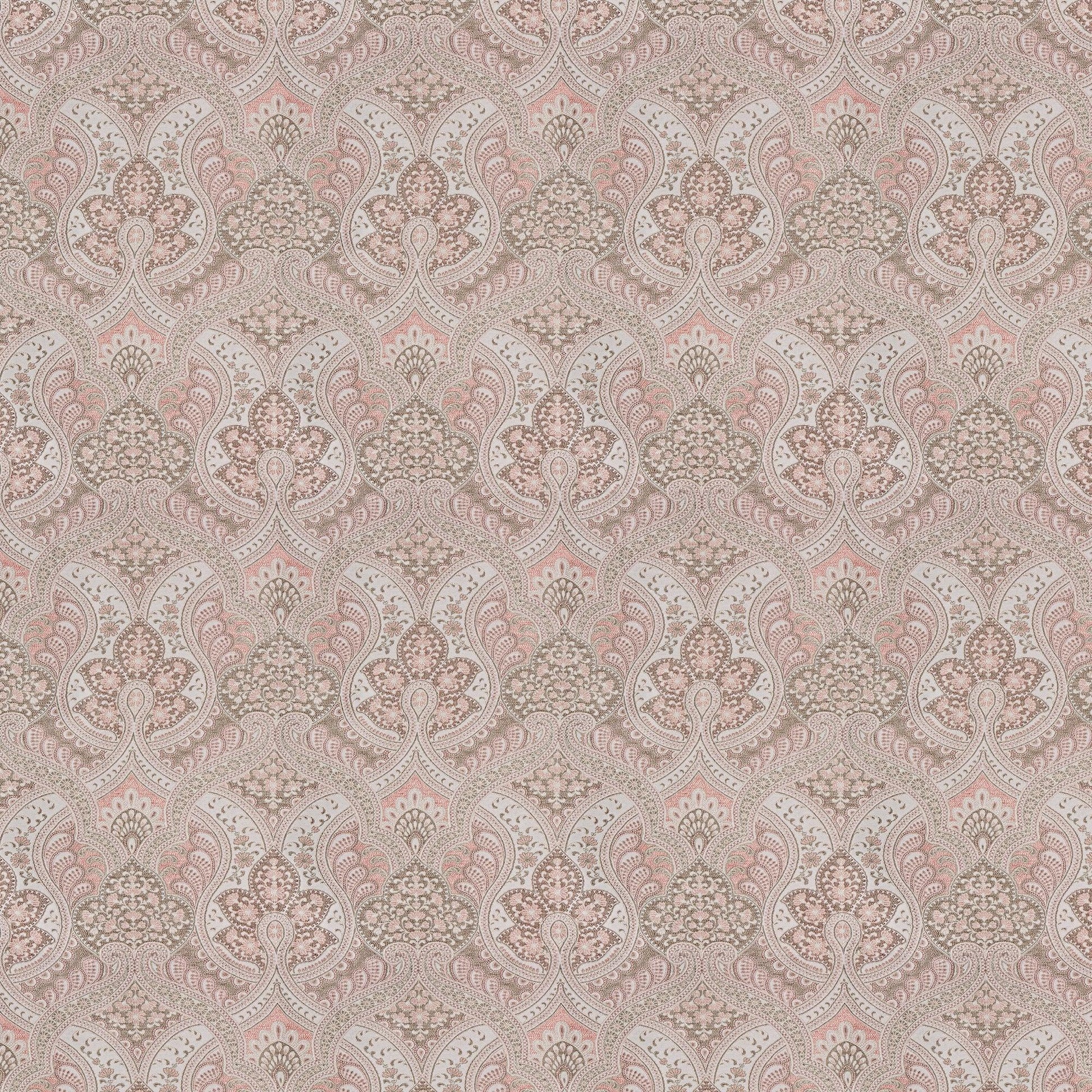 Repeating pink and beige damask jacquard fabric pattern with ornate scrolling motifs.