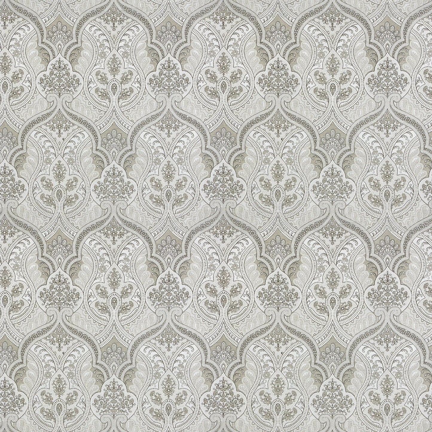 Neutral beige-gray jacquard fabric with a damask paisley scrolling pattern in a repeating design.