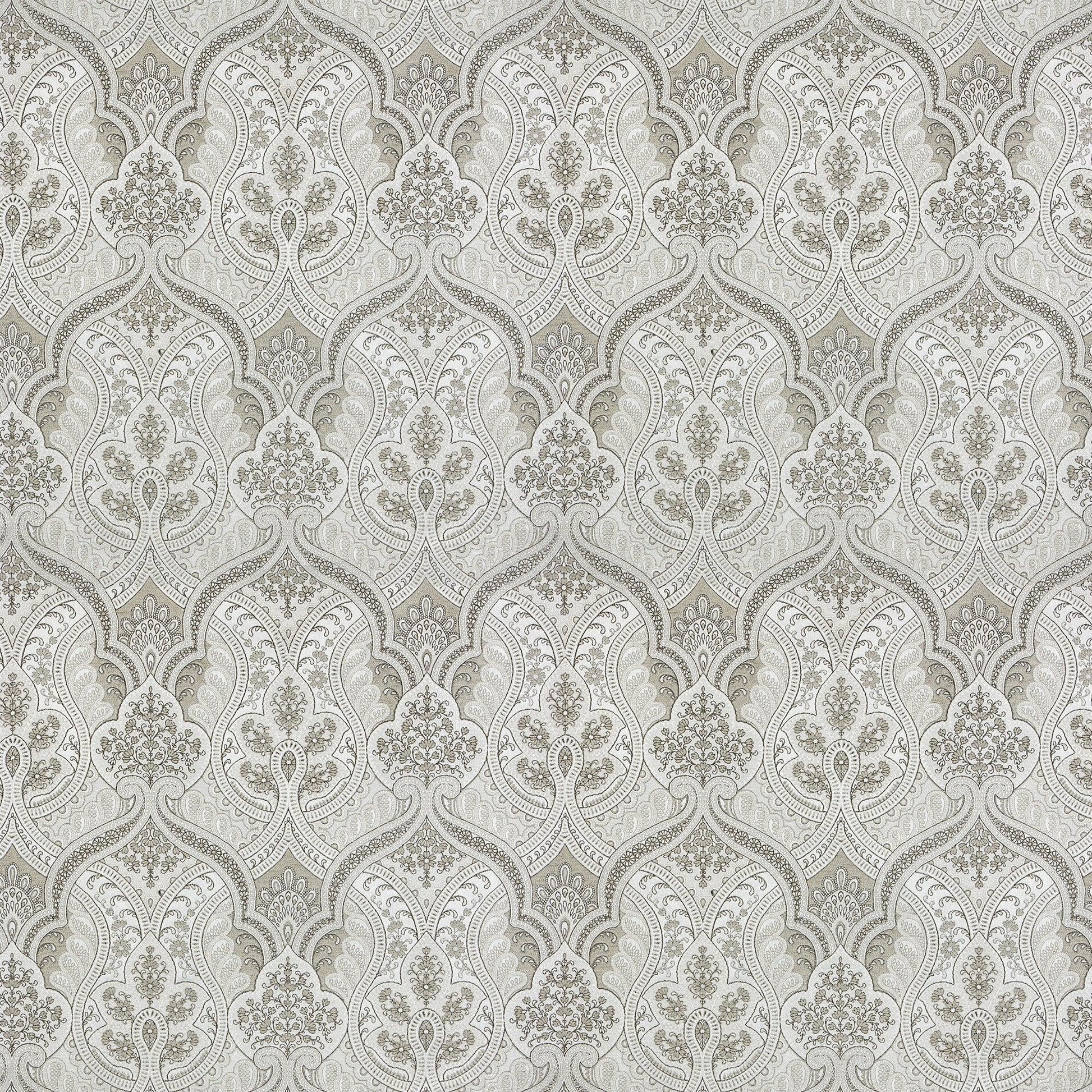 Neutral beige-gray jacquard fabric with a damask paisley scrolling pattern in a repeating design.