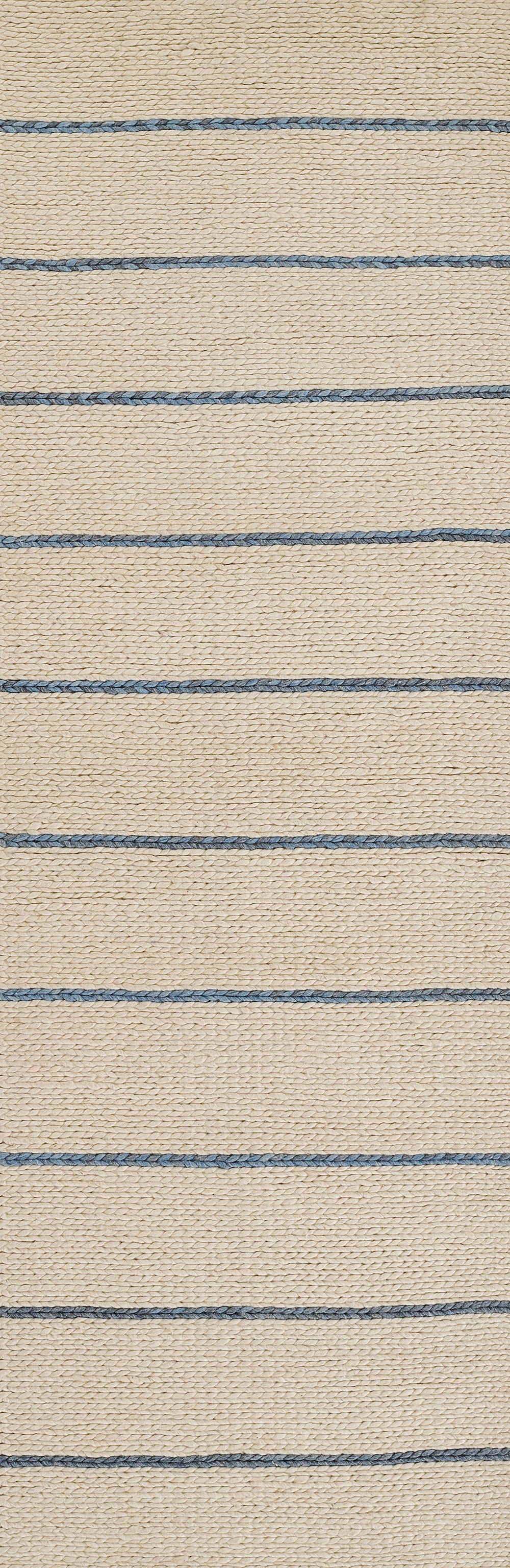 Natural beige woven rug with thin blue braided stripes running horizontally.
