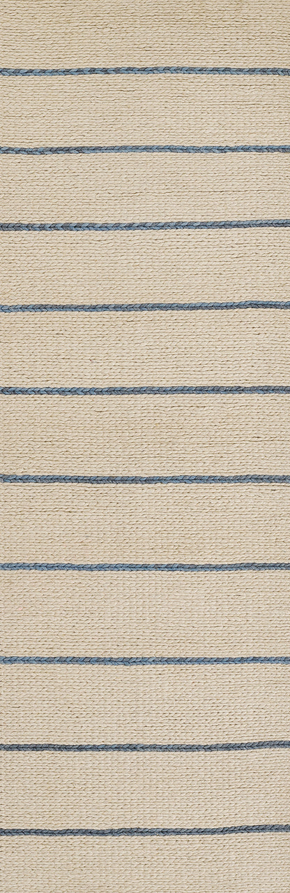 Beige natural jute rug with thin blue braided stripes running horizontally.