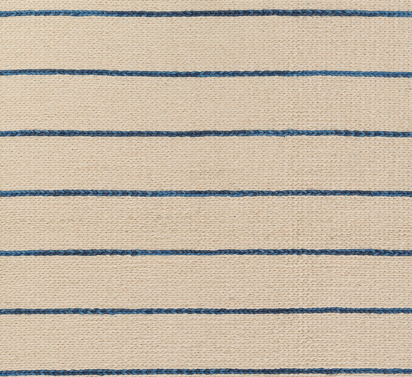 Beige woven sisal-style rug with evenly spaced thin blue stripes running horizontally.