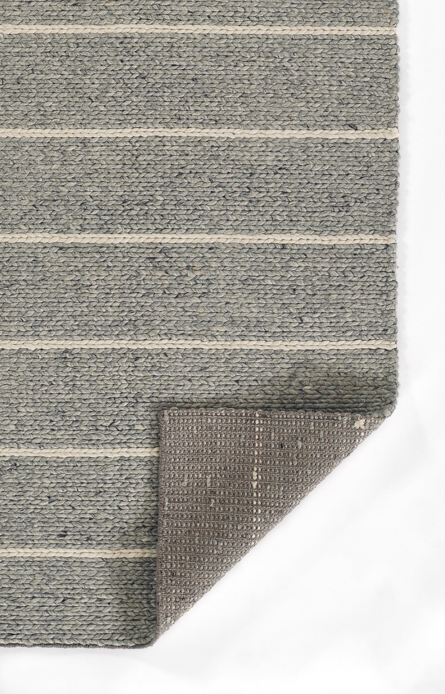 Gray striped woven runner rug with cream bands; textured flat-weave, folded corner shows beige underside.