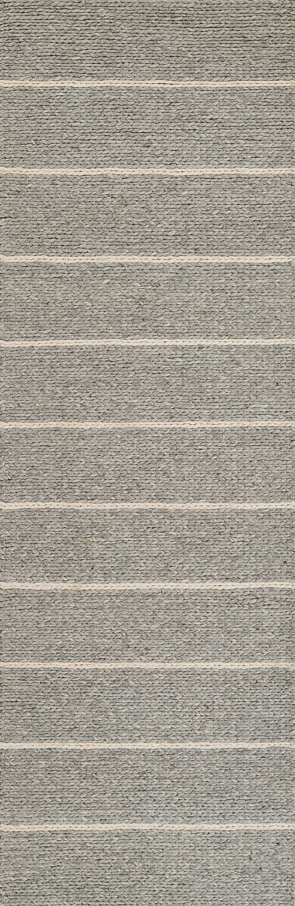 Gray woven rug with light beige stripes; braided texture, rectangular floor mat for living room or entryway.