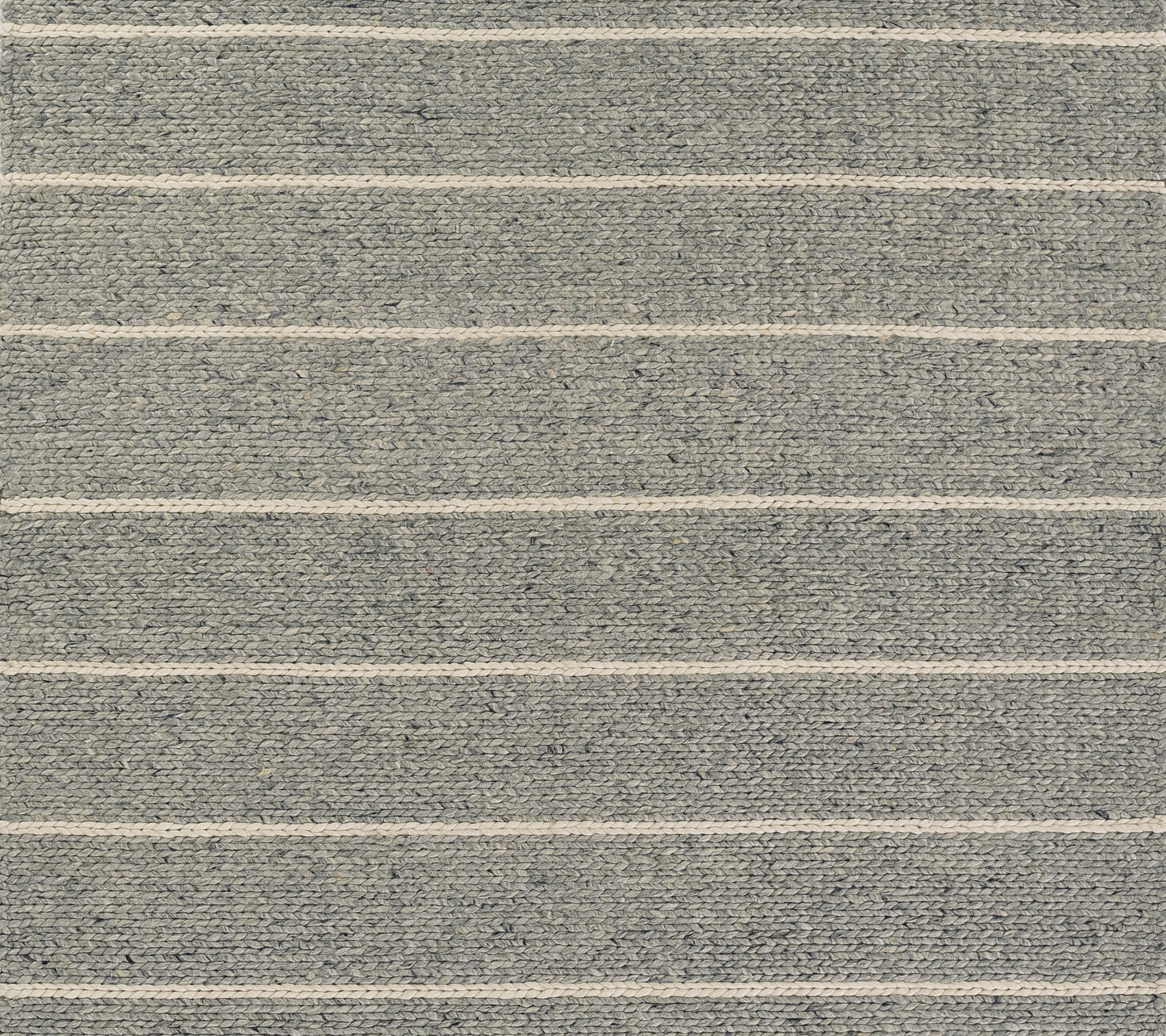 Gray woven rug with cream horizontal stripes; textured surface, versatile for living room & hallway.