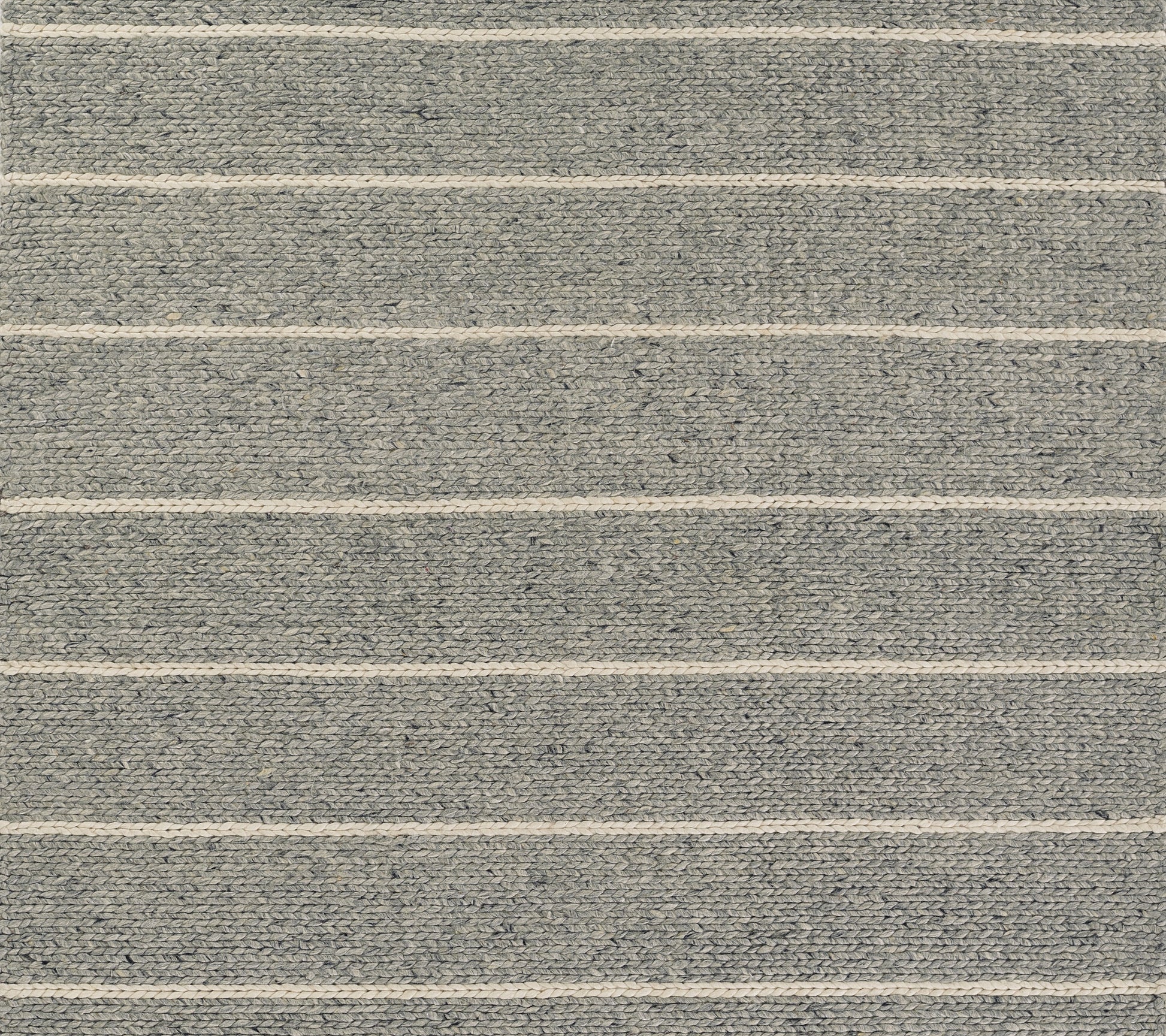 Grey flat-weave rug with cream horizontal stripes and textured surface.