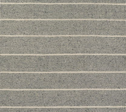 Grey flat-weave rug with cream horizontal stripes and textured surface.