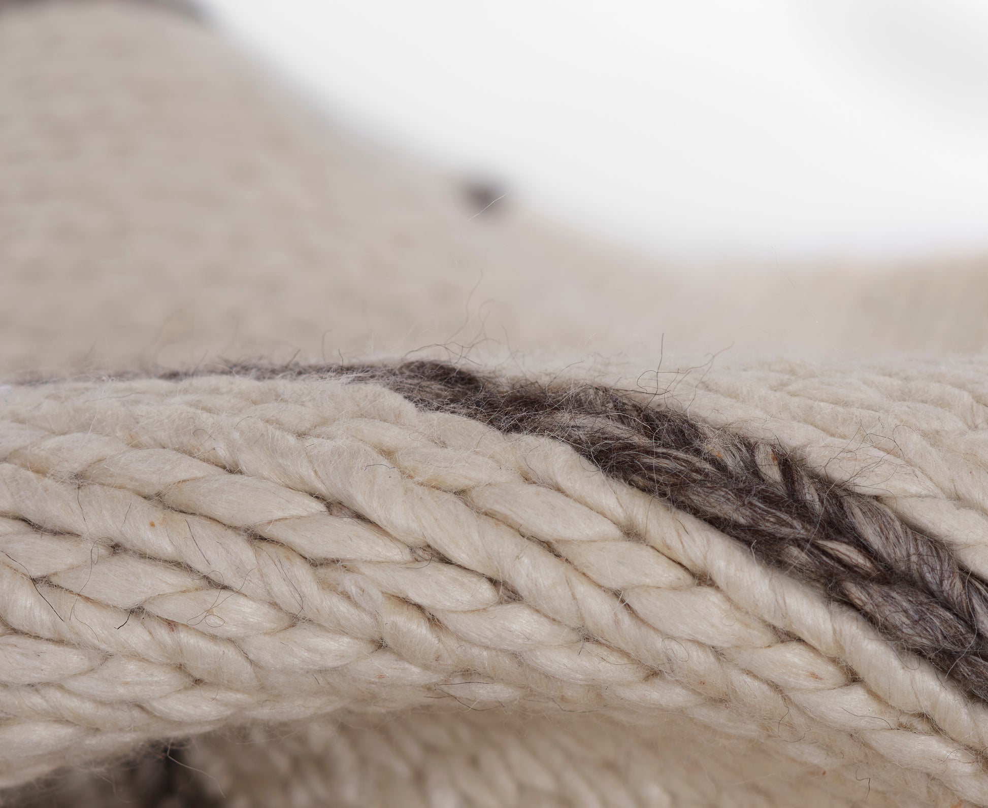 Close-up of cream twisted twine fibers with a dark brown strand on a rug runner, rustic decorative texture.