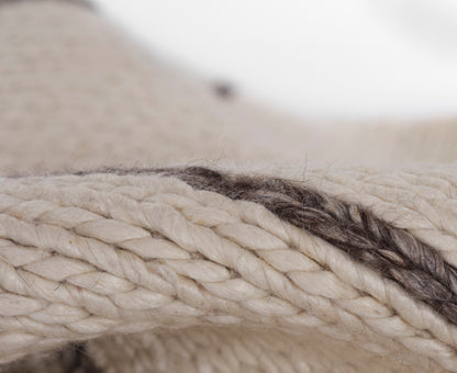 Close-up of beige natural-fiber rug with a dark brown stripe; rustic, rope-like twisted fibers.