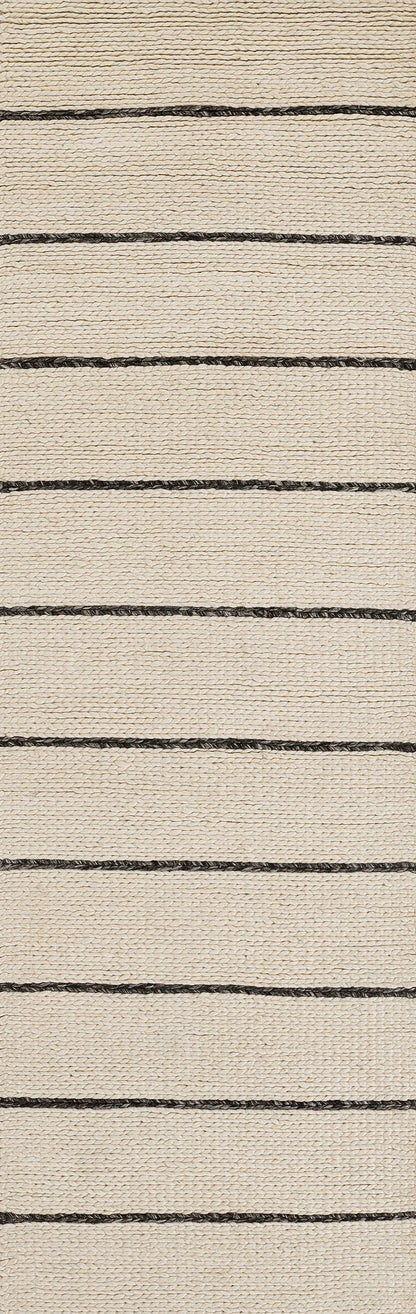 Beige woven jute runner rug with narrow black horizontal stripes and natural textured surface.
