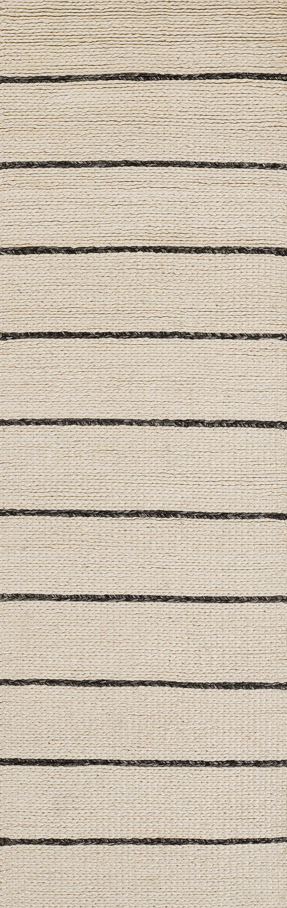 Beige woven rug with a natural fiber texture and evenly spaced black horizontal stripes.