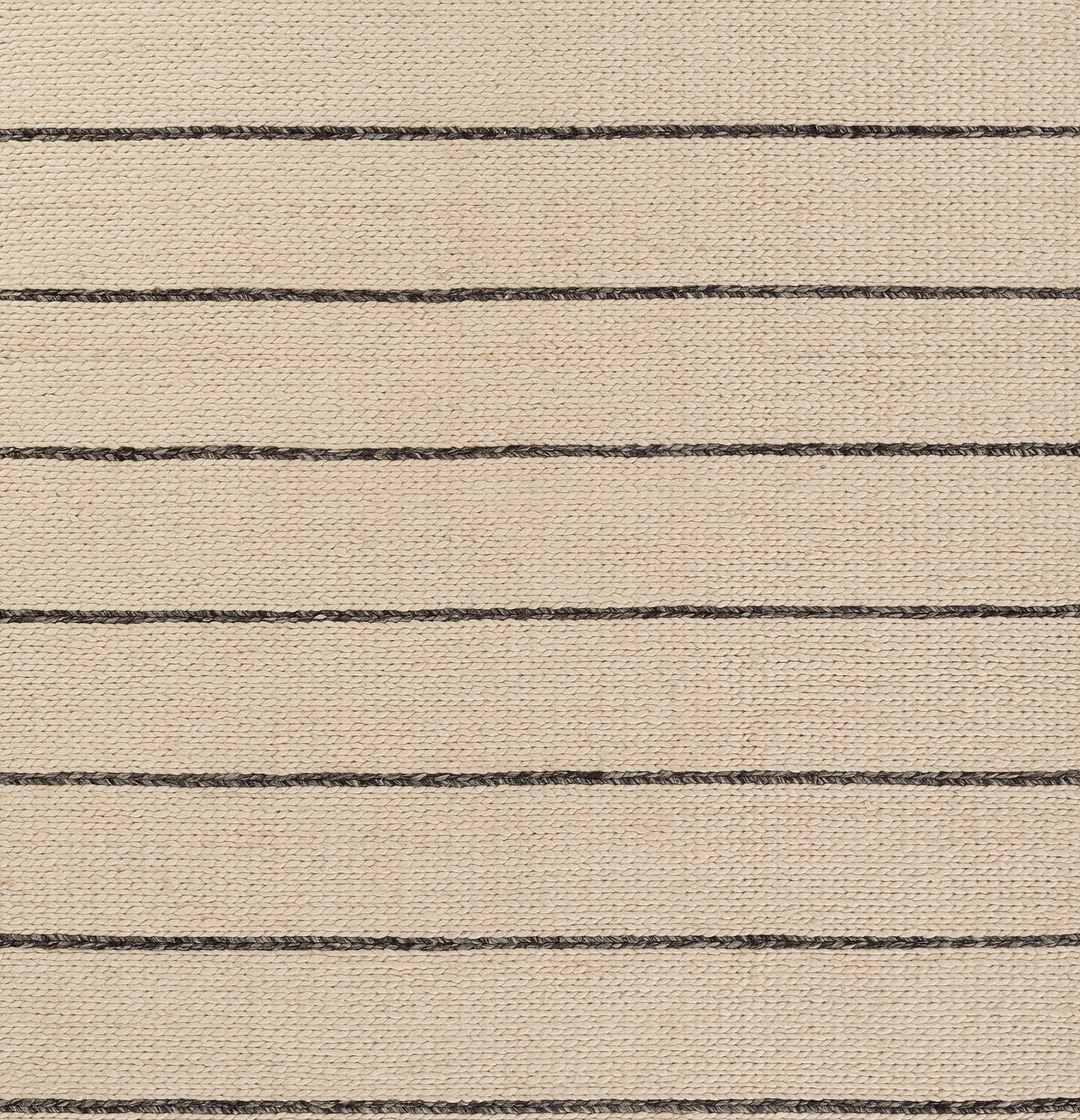 Beige woven rug with thin black stripes, natural fiber texture, rectangular floor mat.