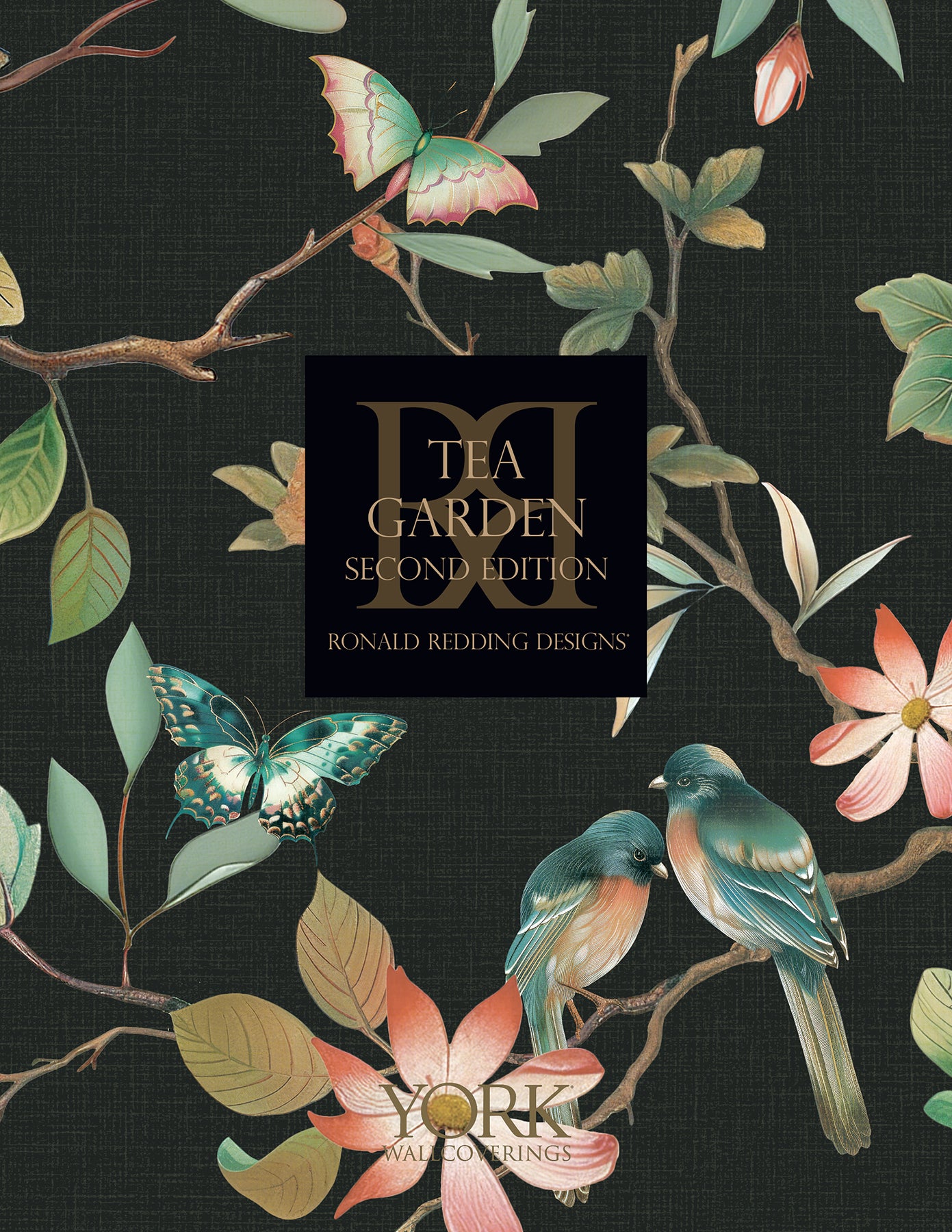 Dark botanical wallpaper featuring teal birds, pink flowers and butterflies in taupe and gold tones.